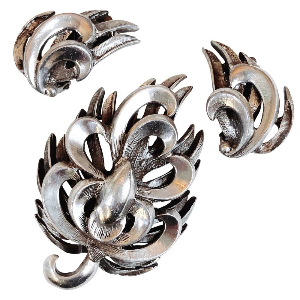VTG Mid Century 44g Silver Brooch Earrings Set Layered Modernist 50s Jewelry